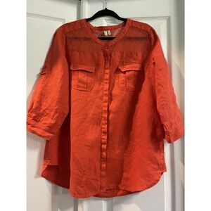 Madison Shirt Womens XL Red Linen Lace Tunic Long Sleeve Button Front Pockets